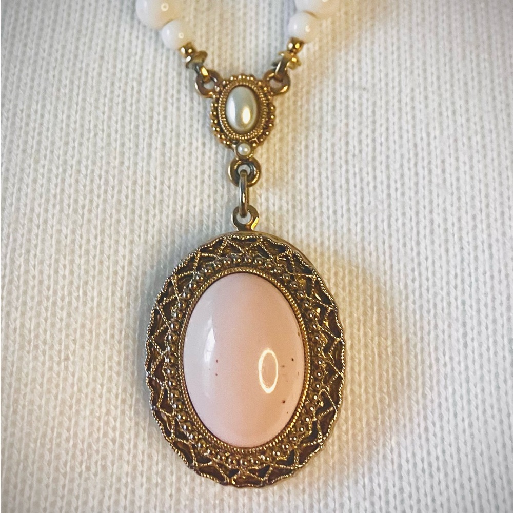 1928 Pendant Locket Necklace, gold tone, pink stone, cream beads